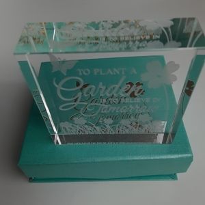 SQUARE GLASS PAPERWEIGHT  PLAQUE. ETCHED WITH